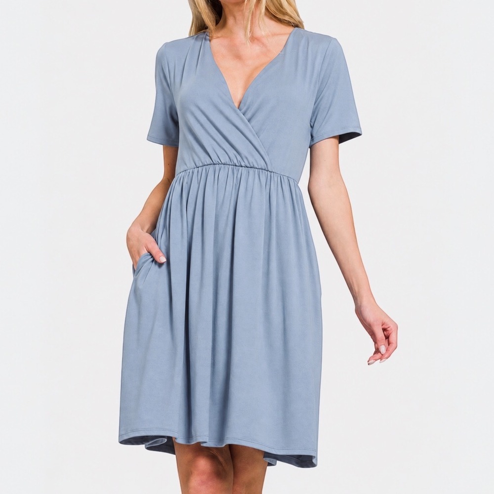 Zenana Surplice Short Sleeve Brushed DTY Dress Blue Size M‎ Cottagecore Spring